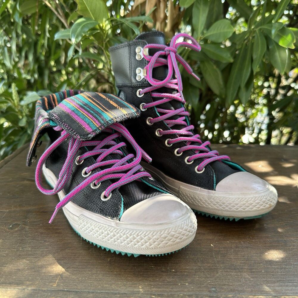 Converse High Top Sneaker Black Fold Over Festival Y2K Streetwear Geometric Sz 9